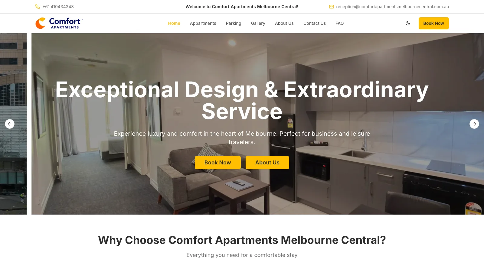 Showcase of Comfort Apartments Melbourne Central - Serviced Apartment Website - web solution for clients in USA, Australia, UAE